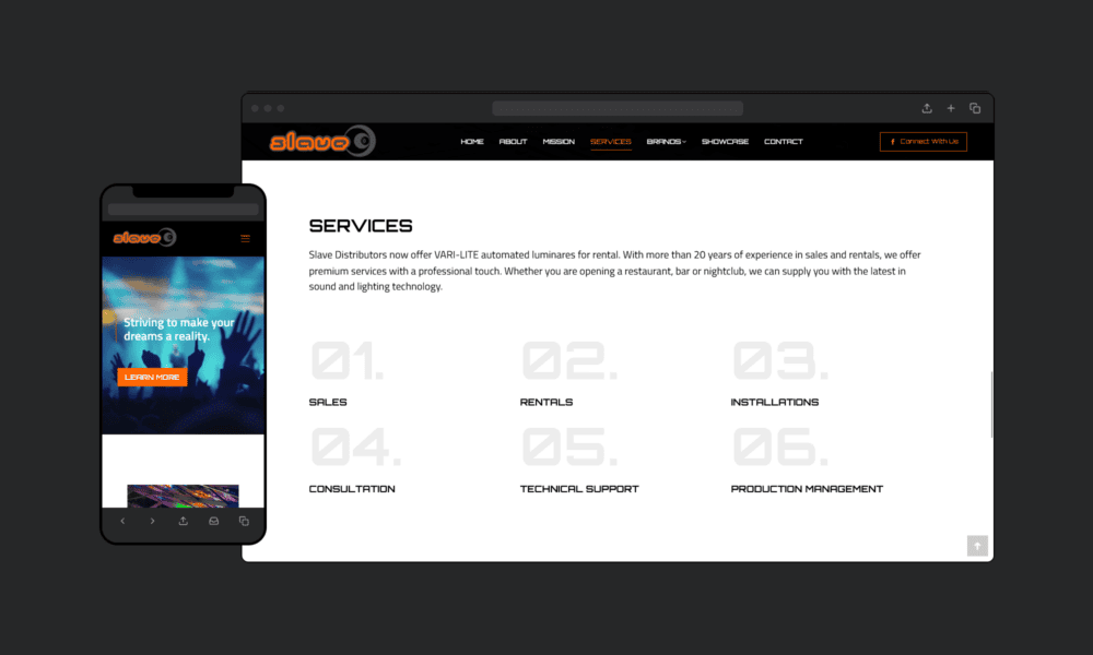 Esthetic design showcase Slave Distributors inner page